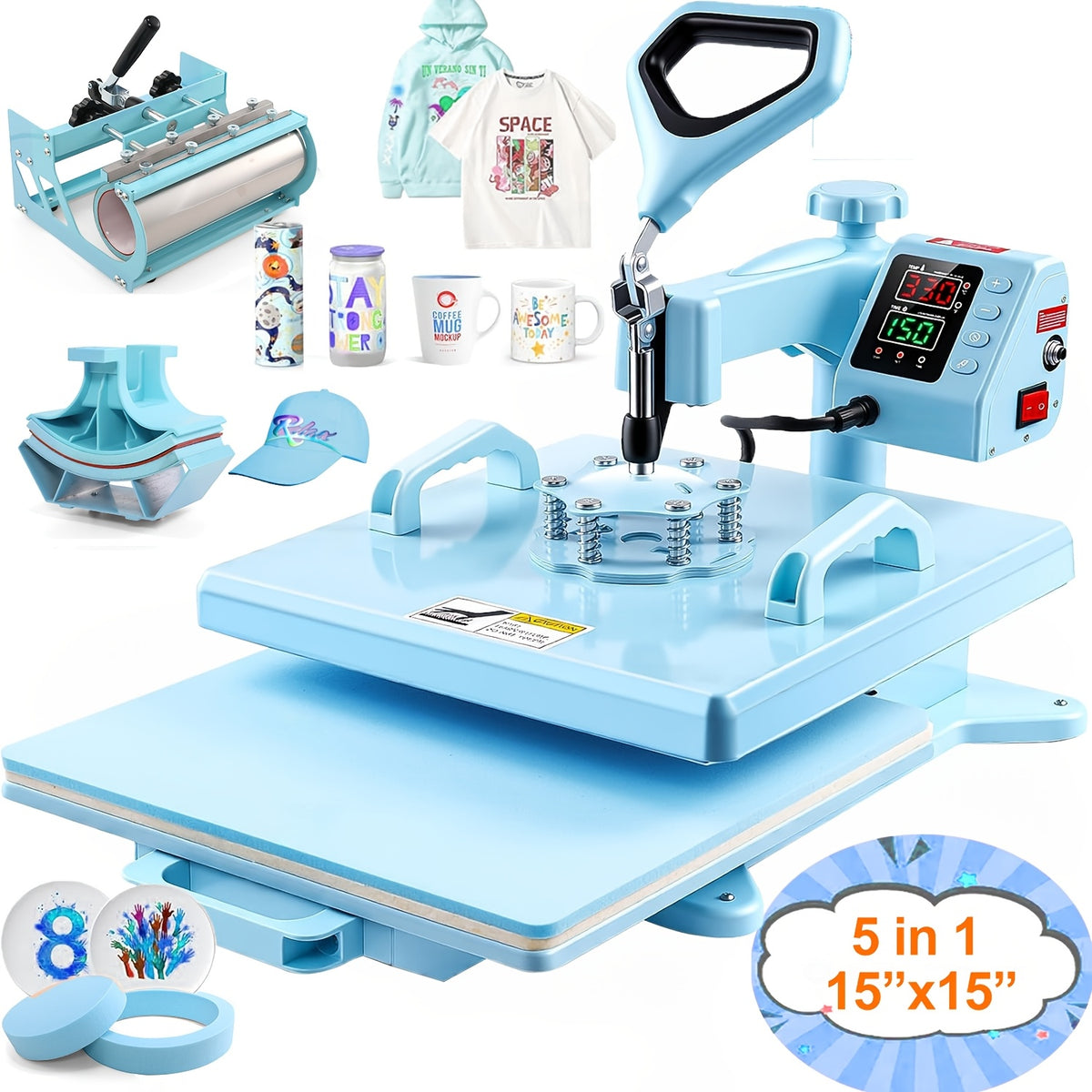 HOMDOX 15"x15" - 11pcs(8 In 1) / 8pcs(5 In 1) Heat Press Set With 30OZ Tumbler Press, Slide Out 360° Swing Away For T-Shirt/Cloth Bags/Tumbler/Mug/Hat/Plate - 15"x15" Slide Out T-shirt Heat Press Machine Can Only Press T-Shirt/Pillows/Cloth Bags