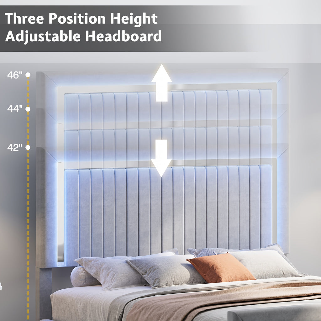 LUXOAK Queen Size LED Platform Bed Frame With Upholstered Design, Featuring 4 Storage Drawers, Vertically Channeled Adjustable Headboard, Box Spring Not Required