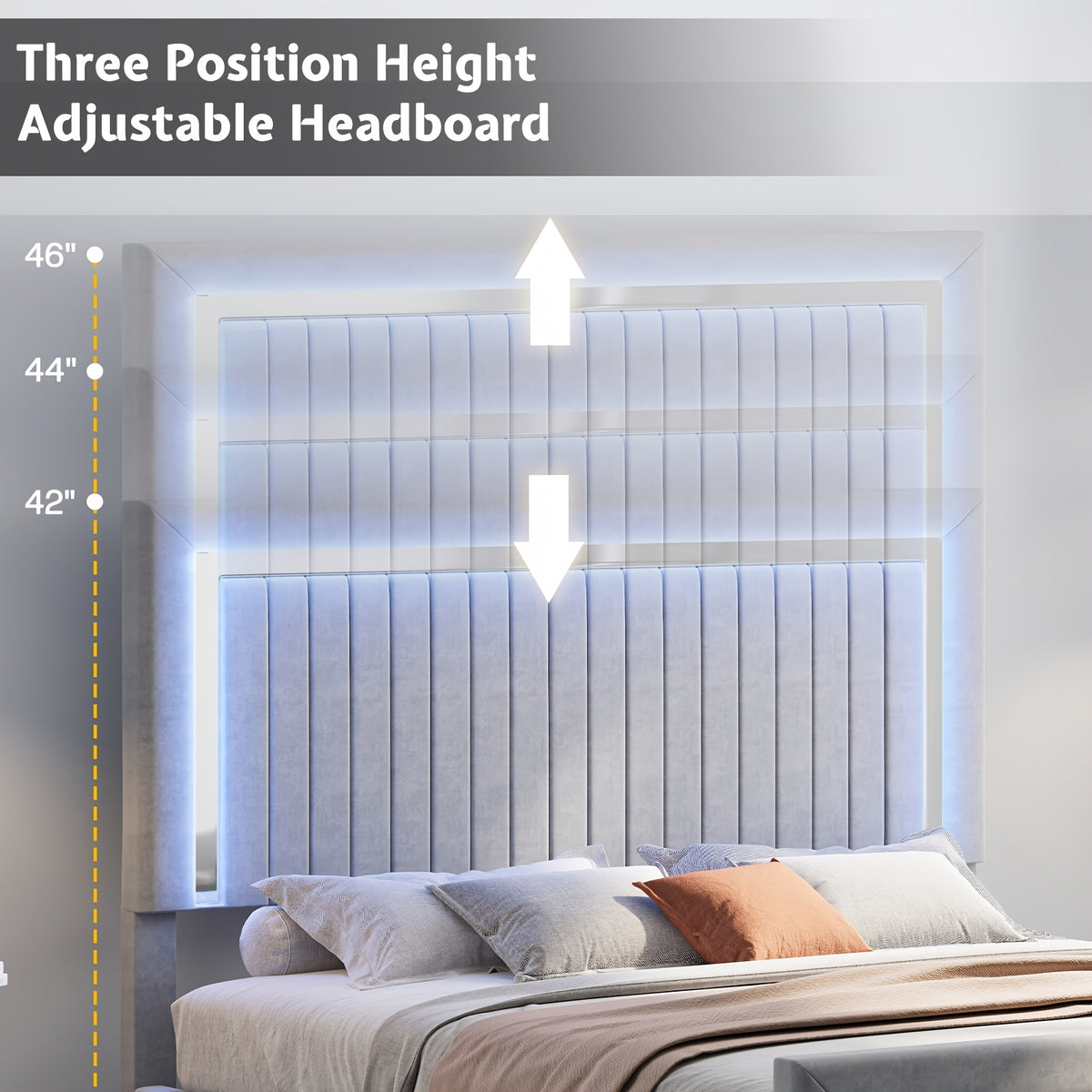 LUXOAK Queen Size LED Platform Bed Frame With Upholstered Design, Featuring 4 Storage Drawers, Vertically Channeled Adjustable Headboard, Box Spring Not Required