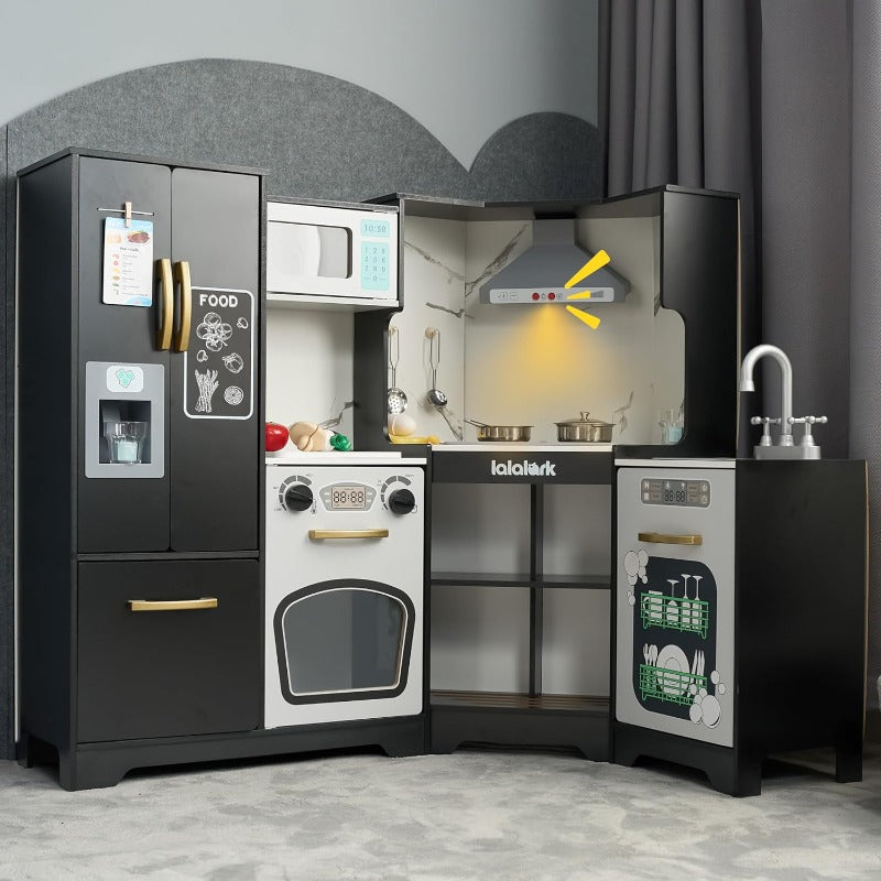 SYNCFUN Wooden Corner Kitchen for Playset with Fake Food Toys, Real Lights And Sounds, Double-Door Fridge, Ice Maker And Cookware Additions, Play Kitchen Set for Kids, Multi-Item Party Favor Packs for Children