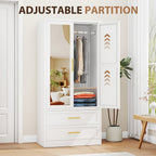 71 Inch Metal Wardrobe with Mirror, 2 Drawers, Adjustable Shelves And Hangers, Clothing Storage Cabinet for Bedroom