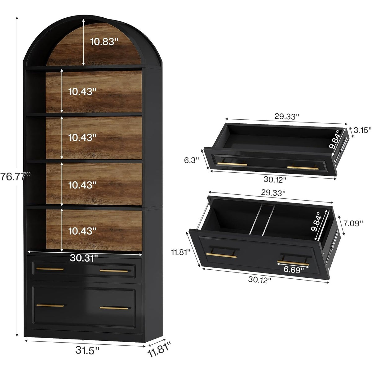 BYBLIGHT 76.8" Tall Arched Bookcase, Modern Freestanding Wooden Bookshelves, 5-Tier Bookshelf with File Cabinet Drawer, Large Open Display Storage Shelves, for Home Office Living Room, Assembly Required, Multiple Colors Available