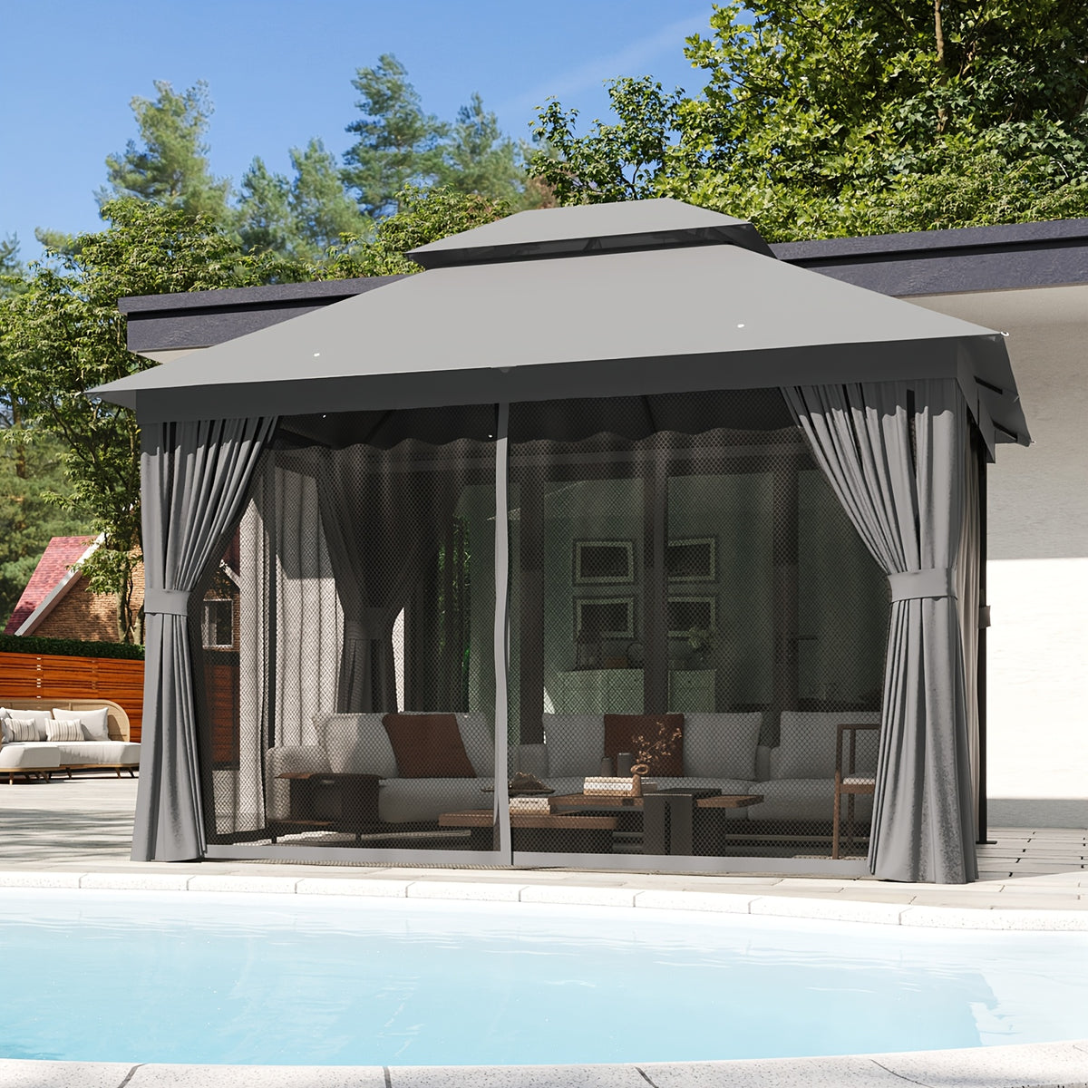 10'x12'/10'x10'/8'x8' Outdoor Gazebo & Pergola for Patio - Double Roof Steel Canopy with Mosquito Net And Privacy Screen, Heavy Duty Party Tent Shelter for Backyard, Lawn, Garden, All-Weather Gazebos with Patio Cover (Grey/Beige/Blue)