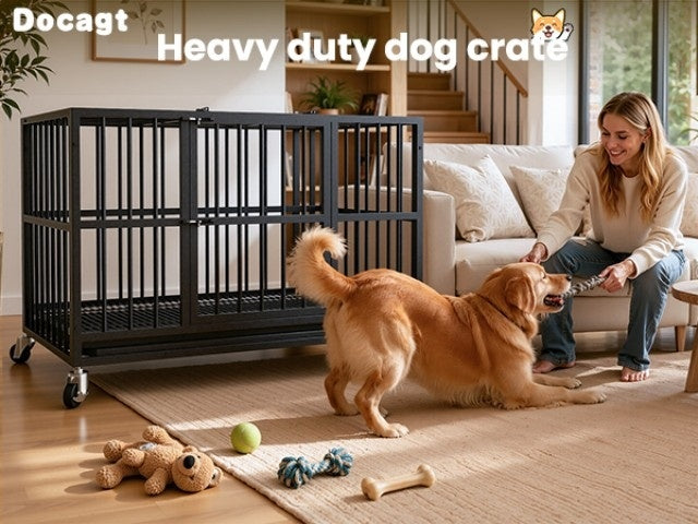 [Indoor Dog Crate] Heavy Duty Simple Version Round Pipe Iron Dog Crate, Indoor Double Door Dog Crate With Wheels With Removable Tray