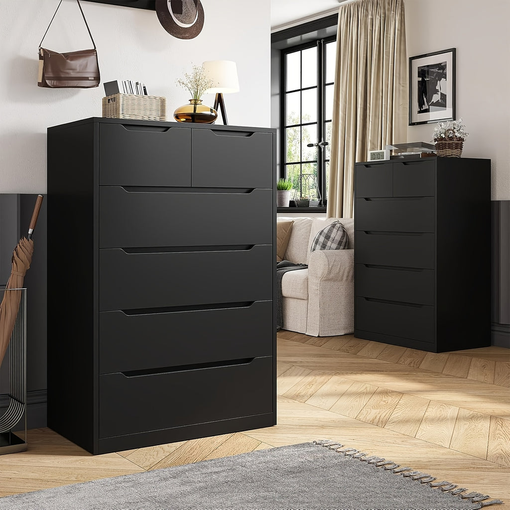 6-Drawer Dresser for Bedroom, Modern Chest of Drawers, Black Dresser with Large Organizer, Deep Drawer And Smooth Metal Rail, Black