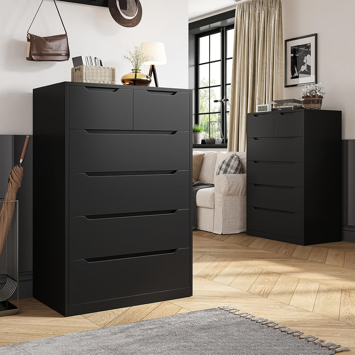 6-Drawer Dresser for Bedroom, Modern Chest of Drawers, Black Dresser with Large Organizer, Deep Drawer And Smooth Metal Rail, Black