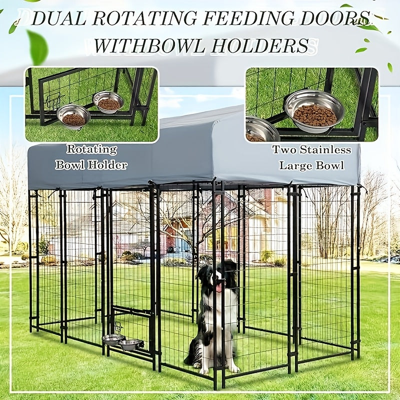 8x4x6 FT Outdoor Dog Kennel With Roof, Heavy Duty Dog Cage For Large Dogs, Outside Dog Enclosure With 2 Rotating Dog Bowls, Welded Wire Steel Dog Run Playpen Fence With Secure Lock