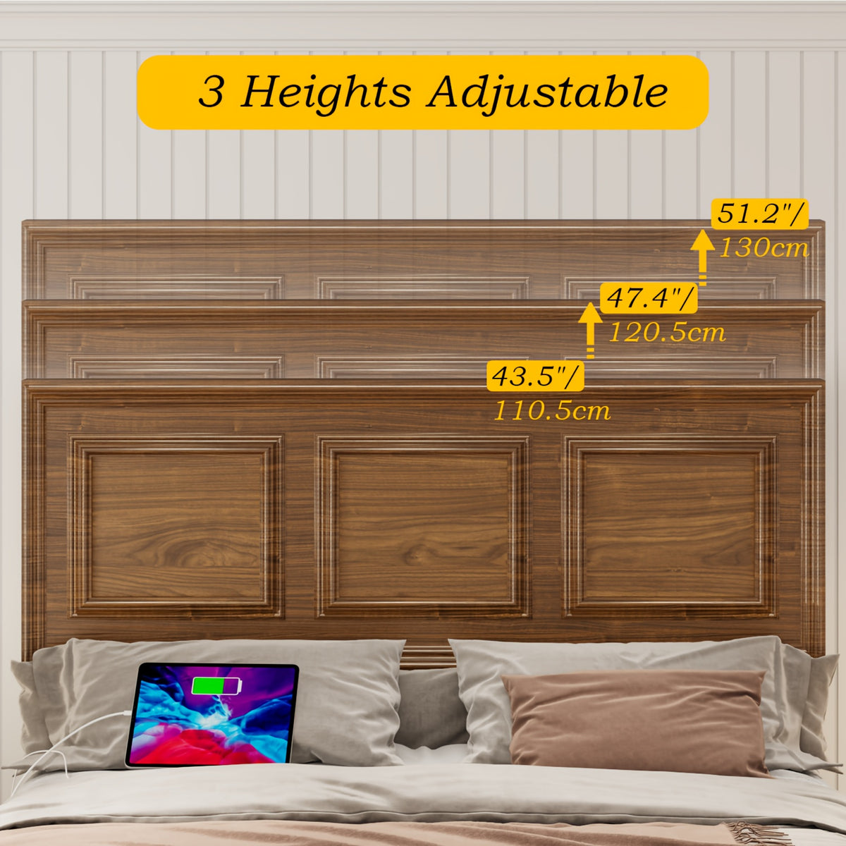 Platform Bed Frame with Headboard, Farmhouse Style, Height Adjustable, Brown and White