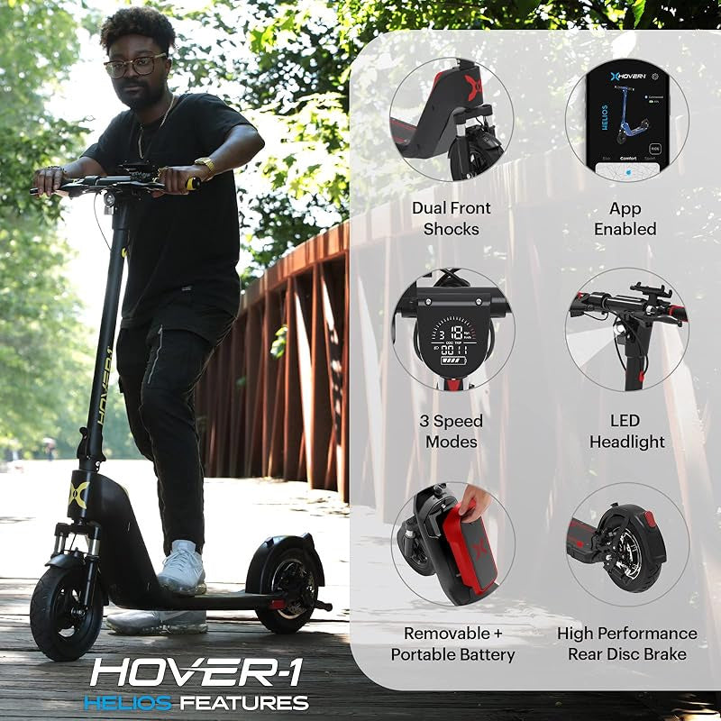 Hover-1 Helios Electric Folding Scooter, 18 MPH Top Speed, 24 Mile Range, 500 Watts Max Power, 10" Pneumatic Tires, Rear Disc Brakes, and Dual Front Suspension