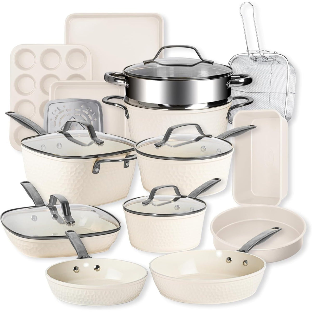 Gotham Steel Hammered 20 Pc Ceramic Cookware Set Nonstick, True Ceramic Pots and Pans Set Non Stick with Deep Square Pan Set & Bakeware Set, Non Toxic PFOA PFOS Free, Oven & Dishwasher Safe