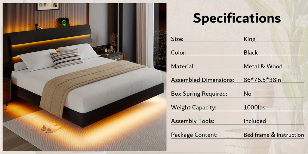 Valnase Floating Bed Frame with LED Lights & Charging Station, Platform Bed with Wooden Storage Headboard, Steel Slats Support, Easy Assembly