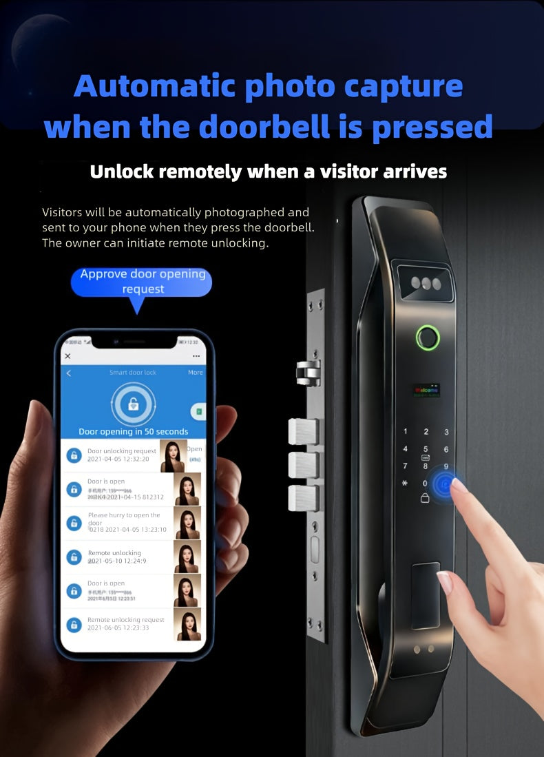 Modern AI Smart Lock with 3D Facial & Fingerprint/Palm Vein Biometric Entry, Keyless Door Lock Suitable for Home/Office, Remote Video Intercom System, Mobile App, Password/Key Entry, Smart Door Lock for Apartments