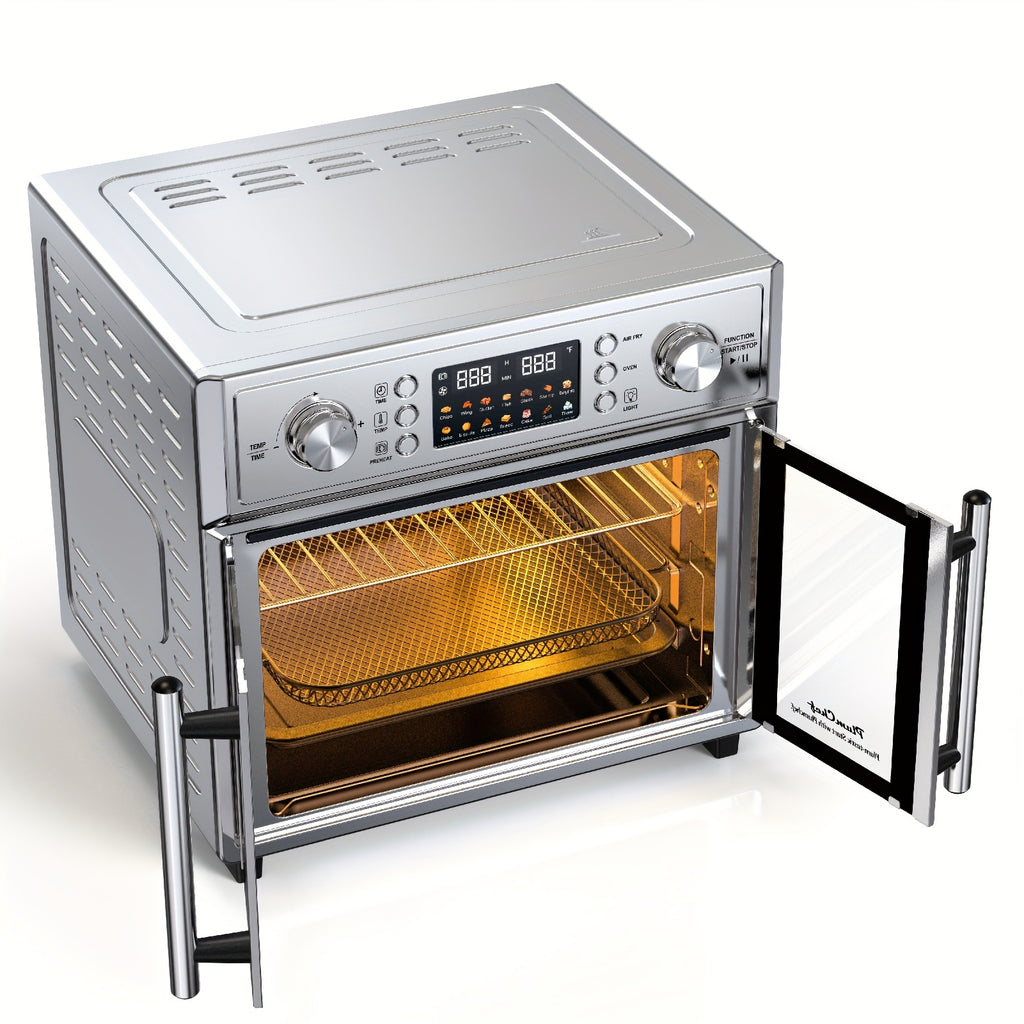 Plumchef 29.5QT Large Capacity French Double-Door Air Fryer Convection Toaster Oven - 1700W, 14 Preset Menus, 7-In-1 Multi-Function (Bake Roast Grill Toast Dehydrate Defrost), Stainless Steel, Silvery