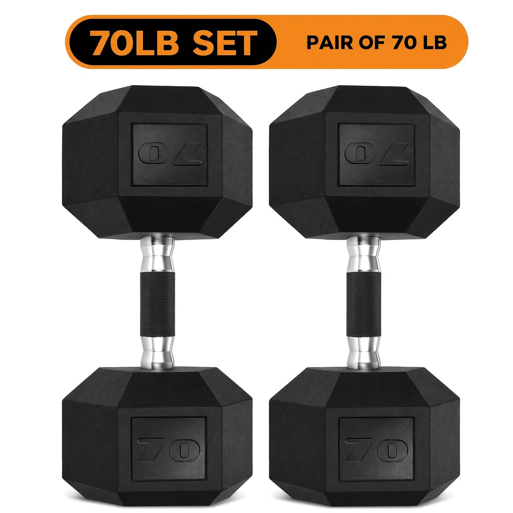 2pcs 60lb/65lb/70lb/75lb Hexagon Rubber Coated Cast Iron Dumbbells, Anti-Slip Grip, Rubber Grip Dumbbells, Rubber Coated Cast Iron