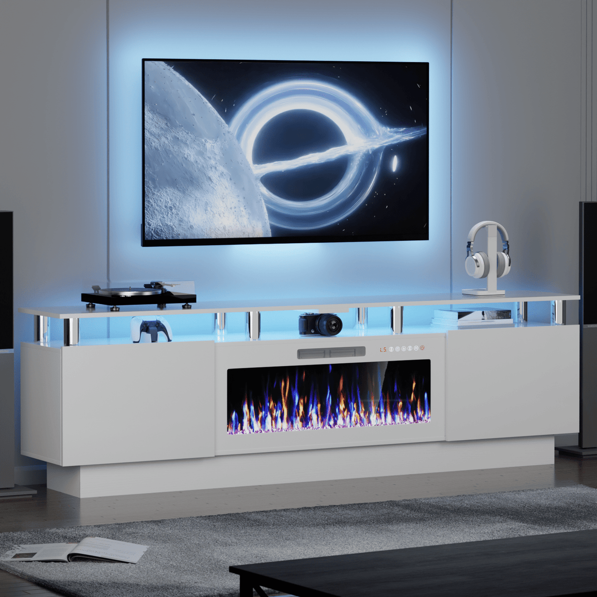 80" Modern Fireplace TV Stand with 36" Electric Fireplace for TVs Up to 90 inch, Luxury LED Light Entertainment Center with High Gloss Cabinet, TV Consoles for Living Room