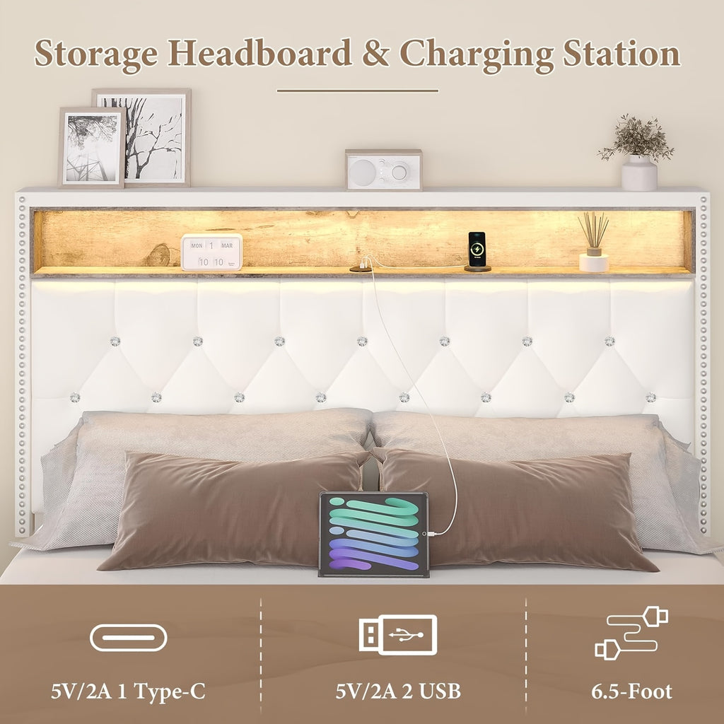 Bed Frame with LED Lights, Velvet Upholstered Platform Bed with Storage Headboard, Charging Station And Diamond Tufted Design - No Box Spring Required - Easy Assembly - Black