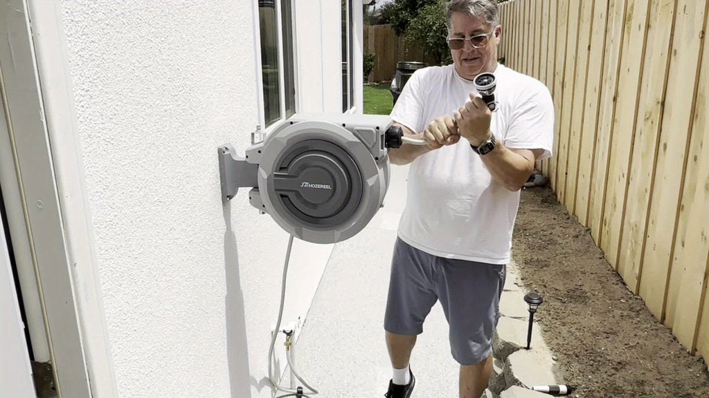 5/8 Inch And 1/2 Inch X 72 Feet, 1/2 Inch X 150 Feet, Retractable Garden Hose Reels, Supplied by Hoze Rele, Outdoor Garden Hose Reels - Automatic Self-Extending Wall-Mounted Hose Reels, Arbitrary Length Lock, 10-Mode Nozzles, Gray