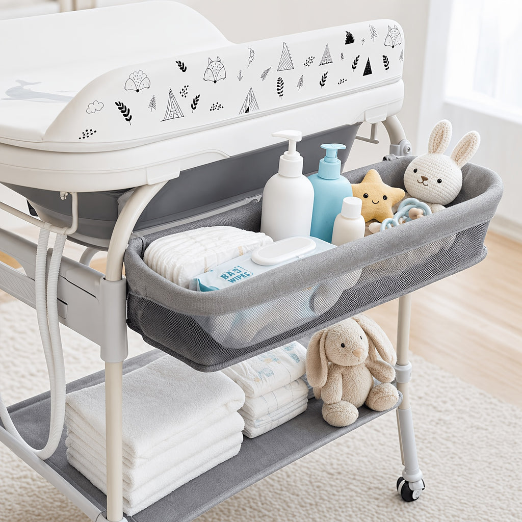 Adjustable 2-In-1 Bathtub with Changing Table, Waterproof Diaper Changing Station Portable Changing Table Adjustable Height Organizer with Storage Racks for Home Furniture