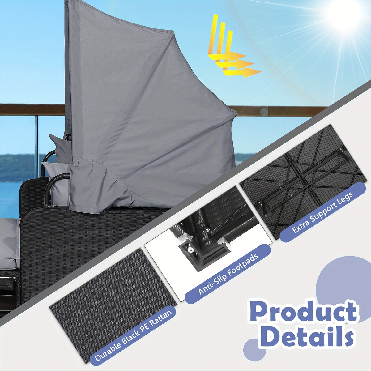 COSTWAY Patio Rattan Daybed Lounge Retractable Top Canopy Side Tables Cushions Gray.