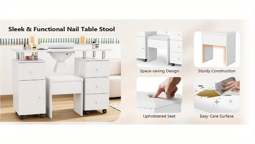 Professional Nail Desk and Chair Set with Stool - Heavy-Duty Mobile Manicure Station w/Dust Collector, Acetone-Resistant Desktop, 4-Wheel Rolling Cart & Storage Drawers - Heavy-Duty Nail Tech Table for Salon, Home, or Spa - (White/Black/Lavender/Mint Gree
