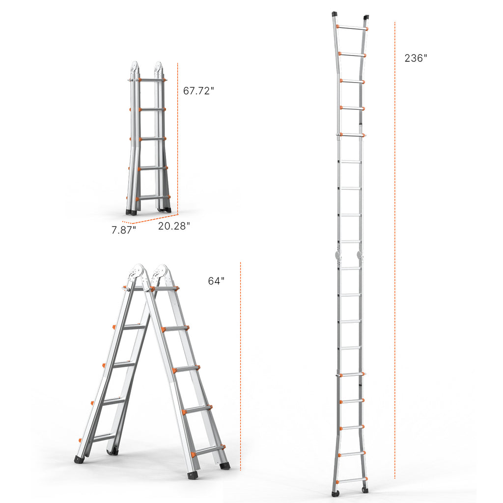 VEVOR Telescoping Ladder A Frame 9.5 FT 2880mm / 11FT 3350 mm / 13 FT 4000mm / 15.5FT 4670 mm / 17FT 5120 mm / 20FT 5990 mm/ 20.5FT 6230 mm Extension Multi-Function for Homework