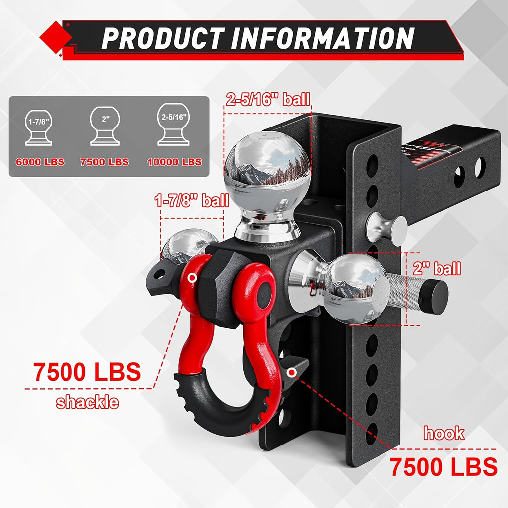 Adjustable Heavy-Duty Trailer Hitch Tri-Ball Mount: Fits 2" Receiver, 4-1/2" Rise/Drop, Includes 1-7/8" & 2" & 2-5/16" Balls, With Tow Hook & Swivel Shackle, Secure Hitch With Locks & Pin
