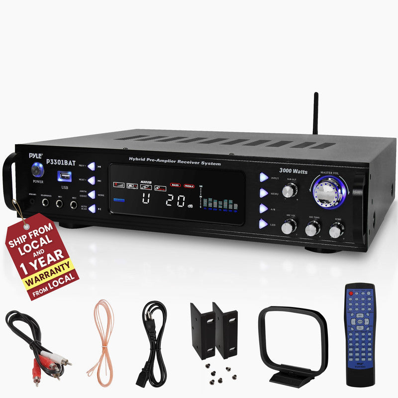 Stereo Amplifier Receiver with 3000W Peak Output, Bluetooth 5.0 and Dual Mic Inputs for Home Karaoke and Events