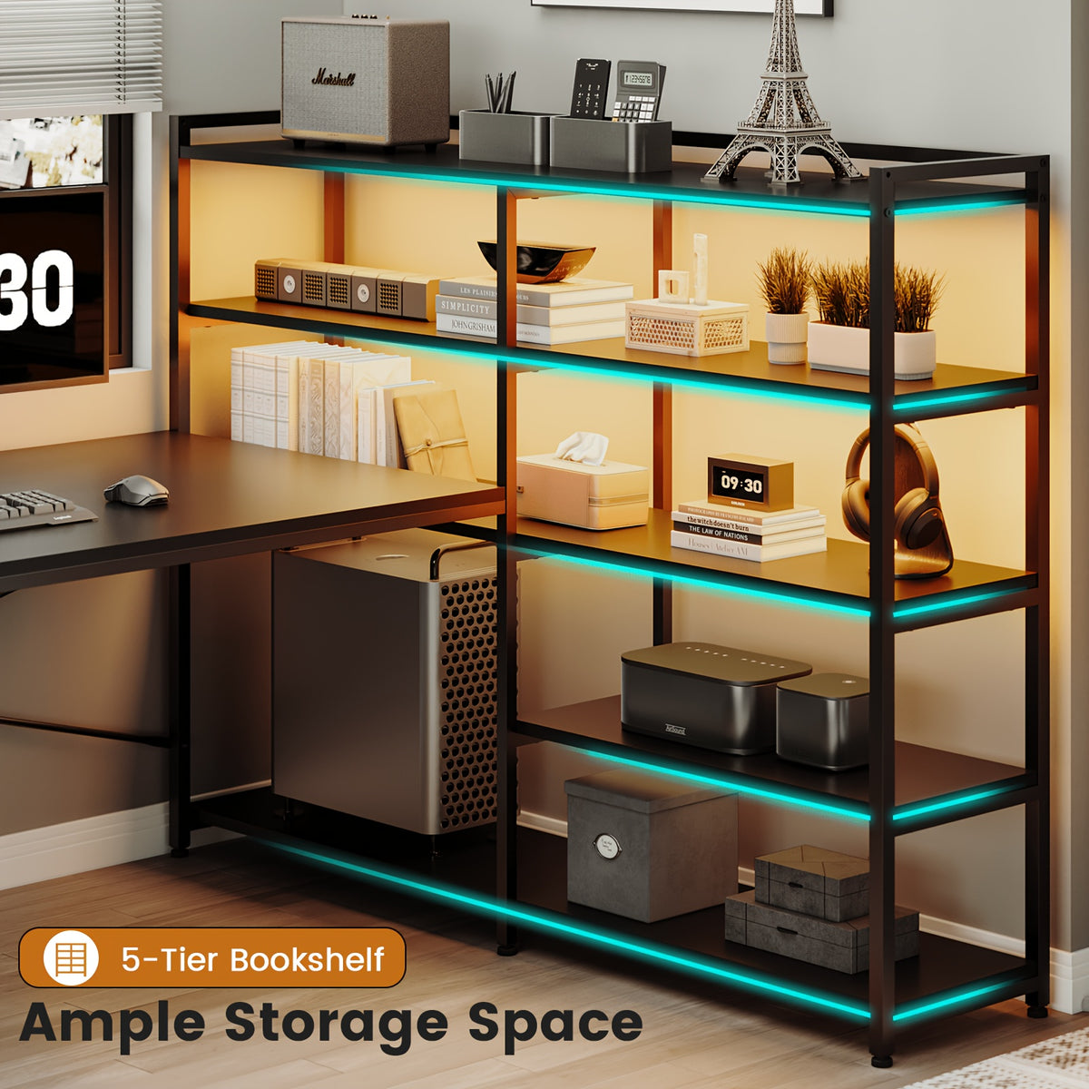 L-Shaped Desk with Storage Shelves, 64.5" Reversible U-Shaped Office Desk with 3 Fabric Drawers, Gaming Desk with Power Outlet & LED Strip, Large PC Workstation for Home Office, Brown/Black/White/Gray