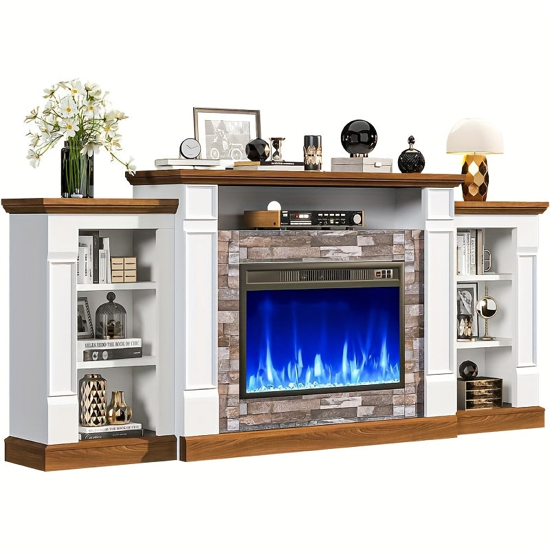A 70-Inch Television Stand Featuring an Electric Fireplace And Mantel, This Modern Entertainment Unit Provides Open Storage, Remote Control, Adjustable Flames, And LED Lighting, Making It Perfect for Living Rooms And Bedrooms
