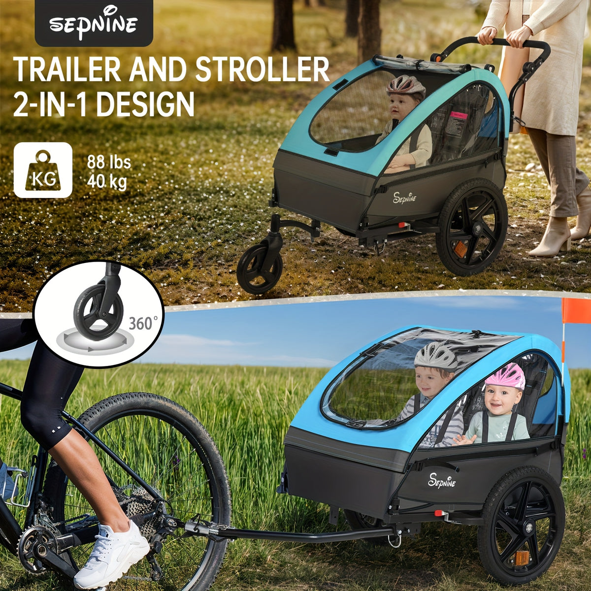MOJAY Bike Trailer for Kids, 2in 1 Canopy Carrier Converts to Stroller Suitable for 1 to 2 Kids, 12+ Months, Quick Attach to Bike, Foldable, with 5-Point Harness And Storage Bags