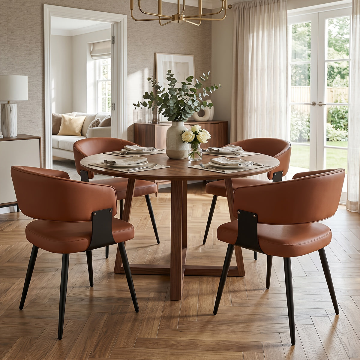 Modern Dining Chairs Set Of 2, Upholstered Faux Leather Kitchen Side Chairs with Curved Open Back, Easy Assembly for Dining Room, Restaurant, Cafe, Warm
