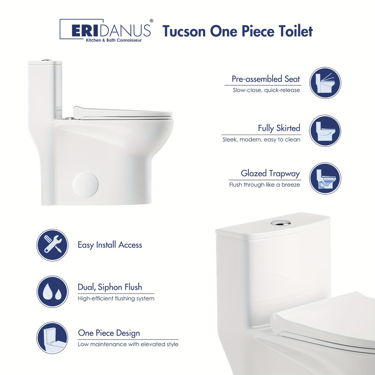 [Compact Dual Flush Toilet] Eridanus Compact Dual Flush Single Unit Toilet, Extended Shape Featuring a 16-3/8" Seat Elevation, Gentle Close Lid, 1.1/1.6 Gallons Per Flush, 12" Rough-In