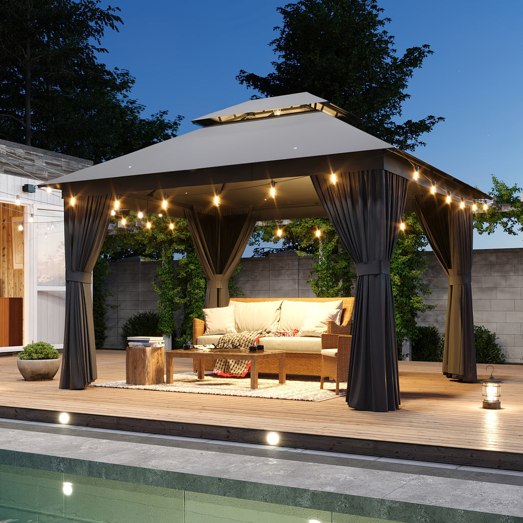 10'x12'/10'x10'/8'x8' Outdoor Gazebo & Pergola for Patio - Double Roof Steel Canopy with Mosquito Net And Privacy Screen, Heavy Duty Party Tent Shelter for Backyard, Lawn, Garden, All-Weather Gazebos with Patio Cover (Grey/Beige/Blue)