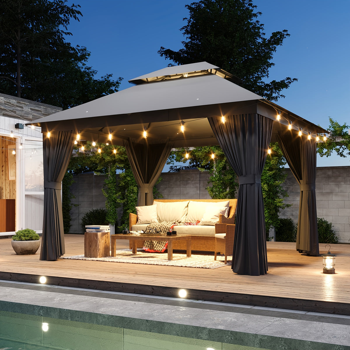 10'x12'/10'x10'/8'x8' Outdoor Gazebo & Pergola for Patio - Double Roof Steel Canopy with Mosquito Net And Privacy Screen, Heavy Duty Party Tent Shelter for Backyard, Lawn, Garden, All-Weather Gazebos with Patio Cover (Grey/Beige/Blue)