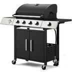 Grill with Side Burner & Cast Iron Grates, Lockable  Wheels, Barbecue Grill with 395 Square Inches Large Cooking Area, Camping Grill for Barbeque and Outdoor Cooking, Black