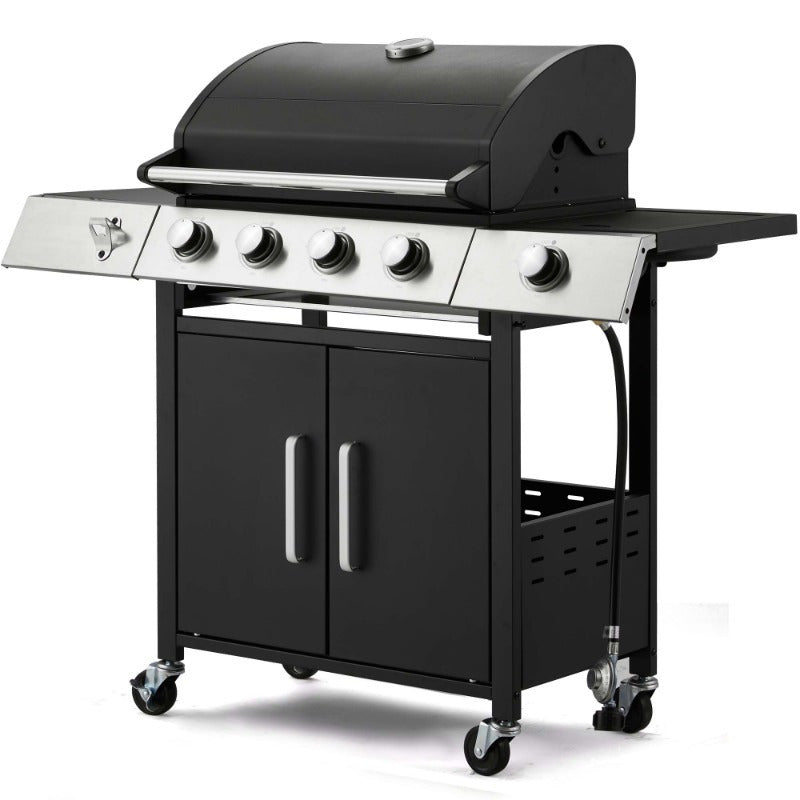 Grill with Side Burner & Cast Iron Grates, Lockable  Wheels, Barbecue Grill with 395 Square Inches Large Cooking Area, Camping Grill for Barbeque and Outdoor Cooking, Black