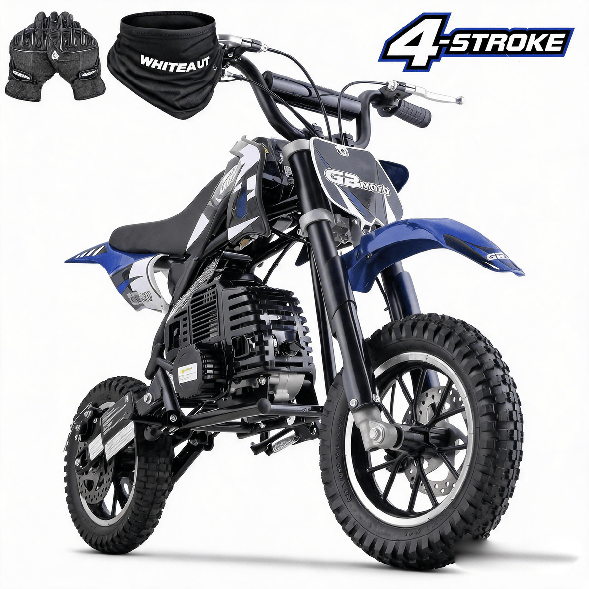 Mini off-road bike, 41CC four stroke gasoline bike (model: DB001), equipped with off-road tires, suspension, disc brakes, maximum load of 160Lbs, top speed of 18Mph, gloves and face cloth included