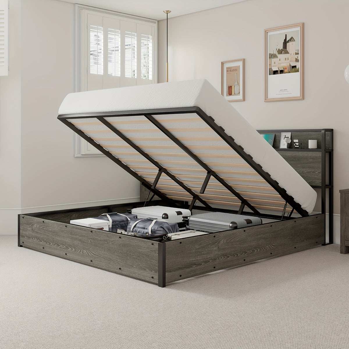 Full Queen King Size Lift Up Storage Bed, Wood Platform Bed Frame with Storage Headboard & Charging Station, No Box Spring Needed, Easy Assembly