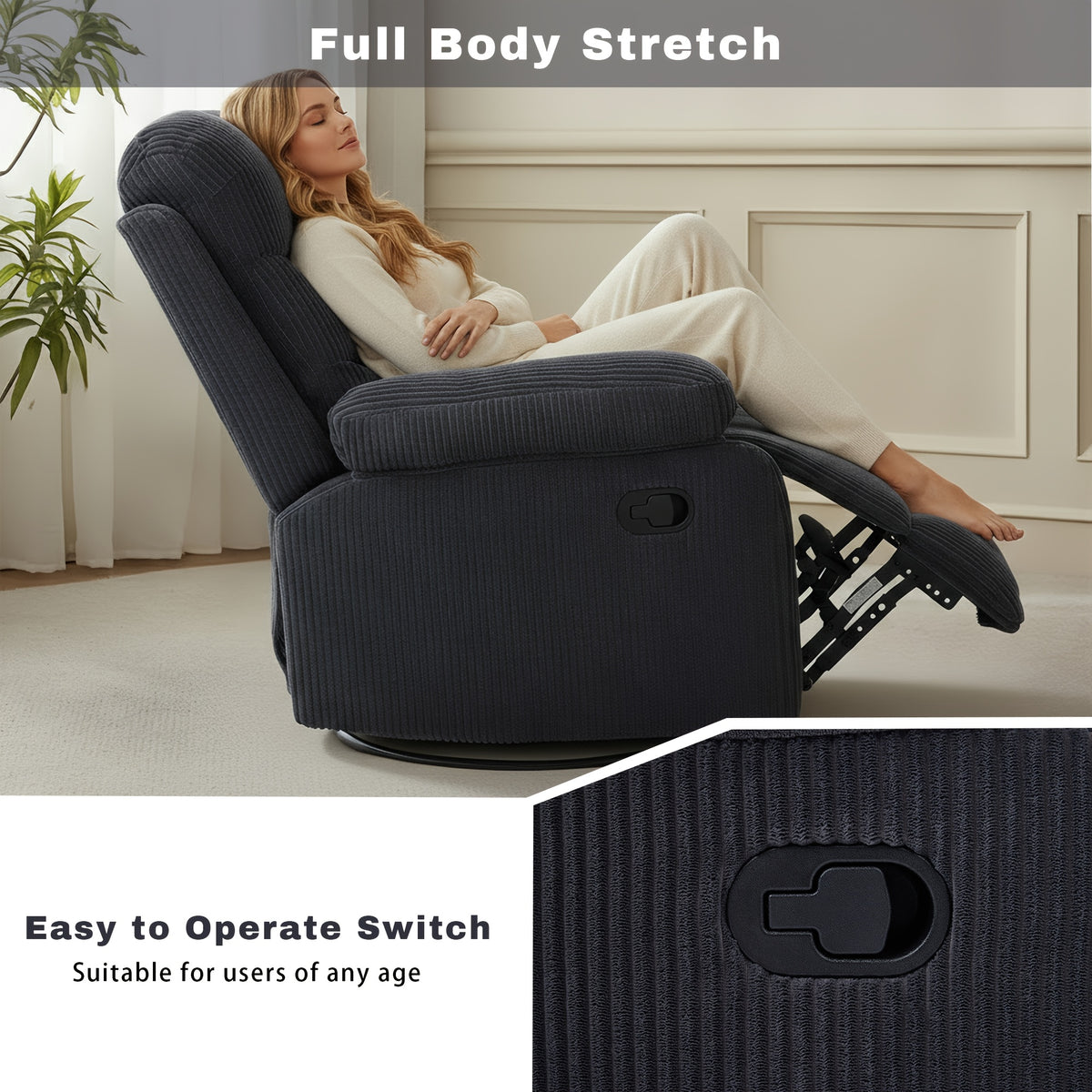 Corduroy Swivel Rocking Recliner Chair, Manually Adjustable Single-person Lounge Sofa with Padded Seat and Backrest, Ergonomically Designed Casual Armchair Suitable for Daily Relaxation in Living Rooms, Bedrooms, and Home Theaters