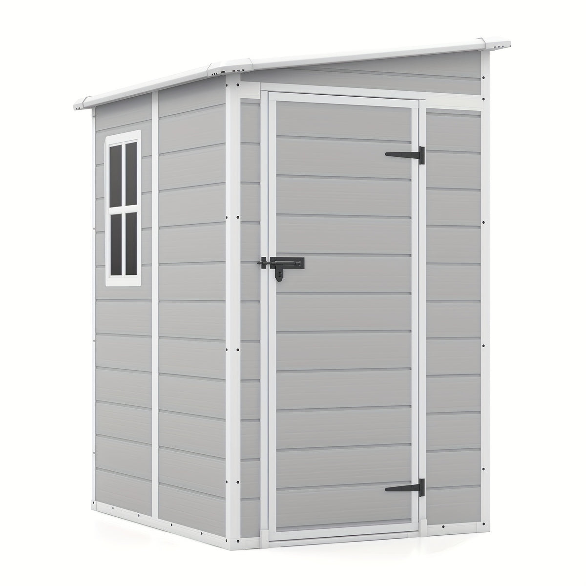 GUNJI 6X4 FT And 5X4 FT Plastic Outdoor Storage Shed with Floor, Resin Outside Tool Shed with a Window And Lockable Door for Garden, Backyard, Tool Storage Use, Easy to Install, Light Gray (Fit-It Shed)