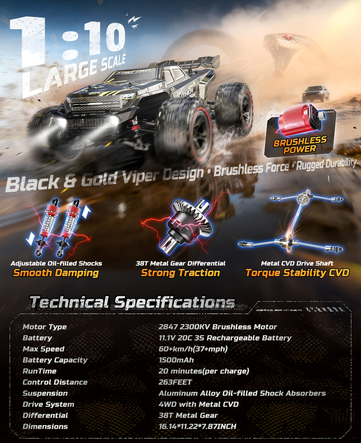 DEERC 1:10 Fast Brushless RC Car for Adults, Max 65KM/H, High-Speed 4WD Off-Road Remote Control Truck with 2 X 3S Batteries And Extra Swing Arms. Non-Toy Product, Intended for Professional Users, Collectors