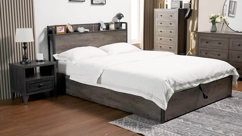 Lift Up Storage Bed Frame, Wooden Platform Bed Frame with Lifting Storage & Charging Station, No Spring Box Needed/Noise Free