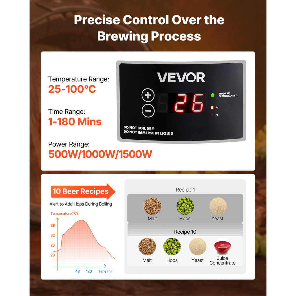 VEVOR Beer Brewing Equipment, 8 Gal/30L 304 Stainless Steel Home Beer Brewer,1500W All-in-One Home Brewing Kit, Tall strainer, Integrated Inner Barrel & Reinforced Handle