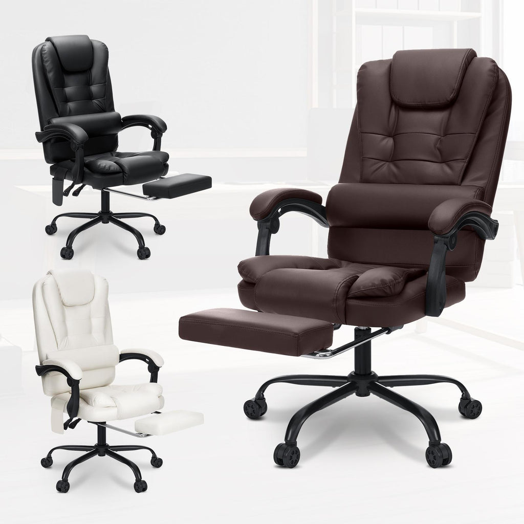 Office Chair Designed for Executives Featuring a 7-Point Massage System, Lumbar Support, And a Swivel Base. It Has a High Back Made of Leather And Includes a Reclining Footrest, Suitable for Home Office Use.