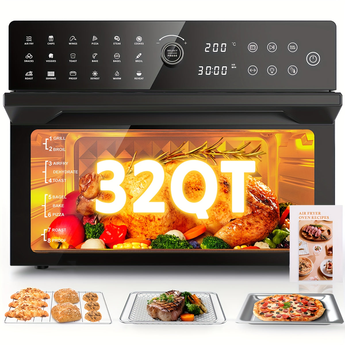 Extra Large 32-Quart Air Fryer, Digital Air Fryer Oven, and Toaster Oven Combo - 20-in-1 Countertop Convection Oven with 13" Pizza Pan, 7 Accessories, Clear Door, 1800W Dual Cooking, 360° Hot Air Circulation for Healthy Meals - Black. 86-450℉.