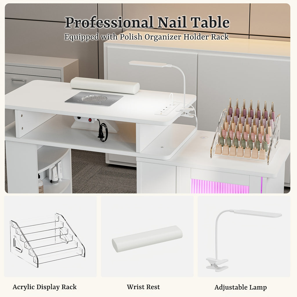 Paddie Manicure Table Nail Desk, Glass Cabinet Door Nail Table Station W/Dust Collector, Removable Acrylic Container, Cabinet And Drawer