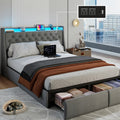 Queen Bed Frame with 2 Storage Drawers And Luxury Wingback Upholstered Button Tufted Storage Headboard, Charging Station, Storage Headboard And LED Lights/Noise-Free/Grey