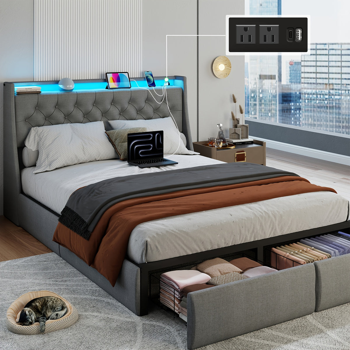 Queen Bed Frame with 2 Storage Drawers And Luxury Wingback Upholstered Button Tufted Storage Headboard, Charging Station, Storage Headboard And LED Lights/Noise-Free/Grey
