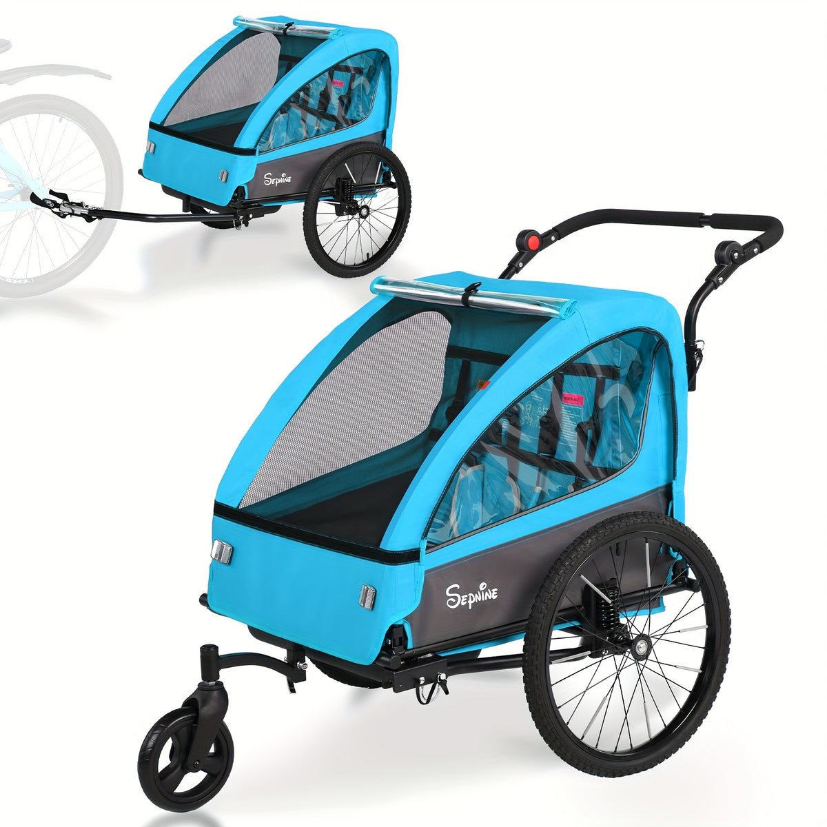2in 1 Kids Bike Trailer And Stroller with Suspension Bike Trailer for 1 to 2 Children, Jogging Function, Foldable, 5-Point Harness, Spacious Storage, with Bug Screen And Weather Shield