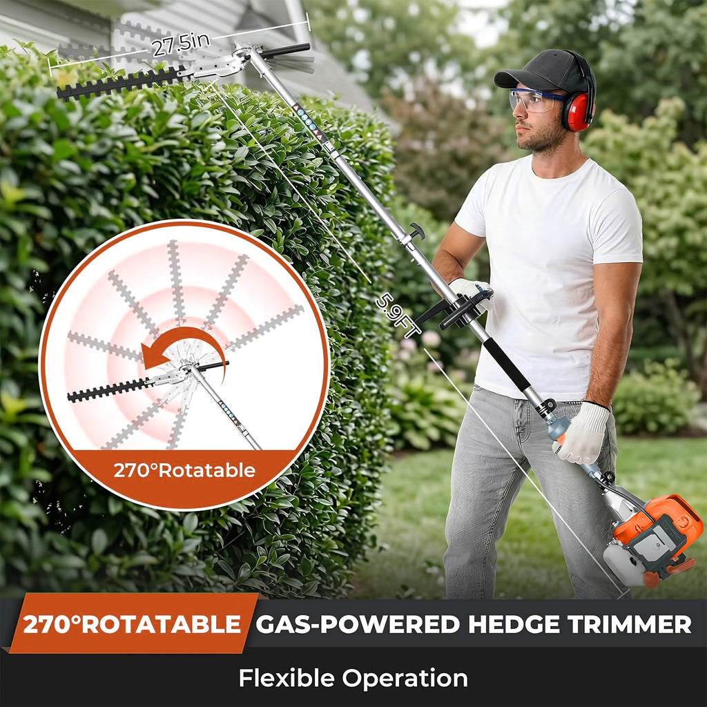 62CC 2-Stroke Gas Powered Weeder, 2HP, 8500RPM, 6-in-1/ 2-in-1 Multi-Tool: Gas Hedge Trimmer, Lawn Mower, Chainsaw & Extension Pole Pruner, for Garden, Farm & Courtyard Landscaping Maintenance